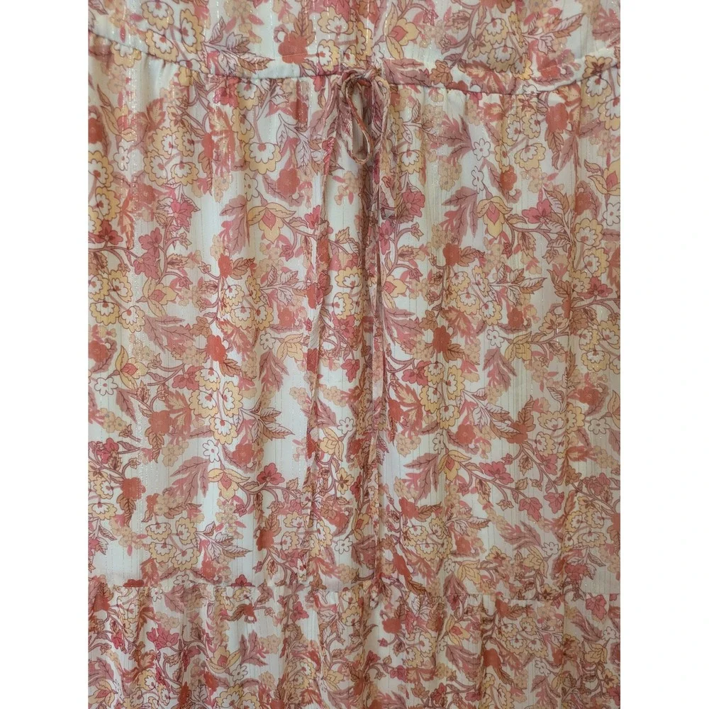 Sugarlips Floral Midi Dress Women's Size M Pink Lurex Shimmer Tiered Long Sleeve